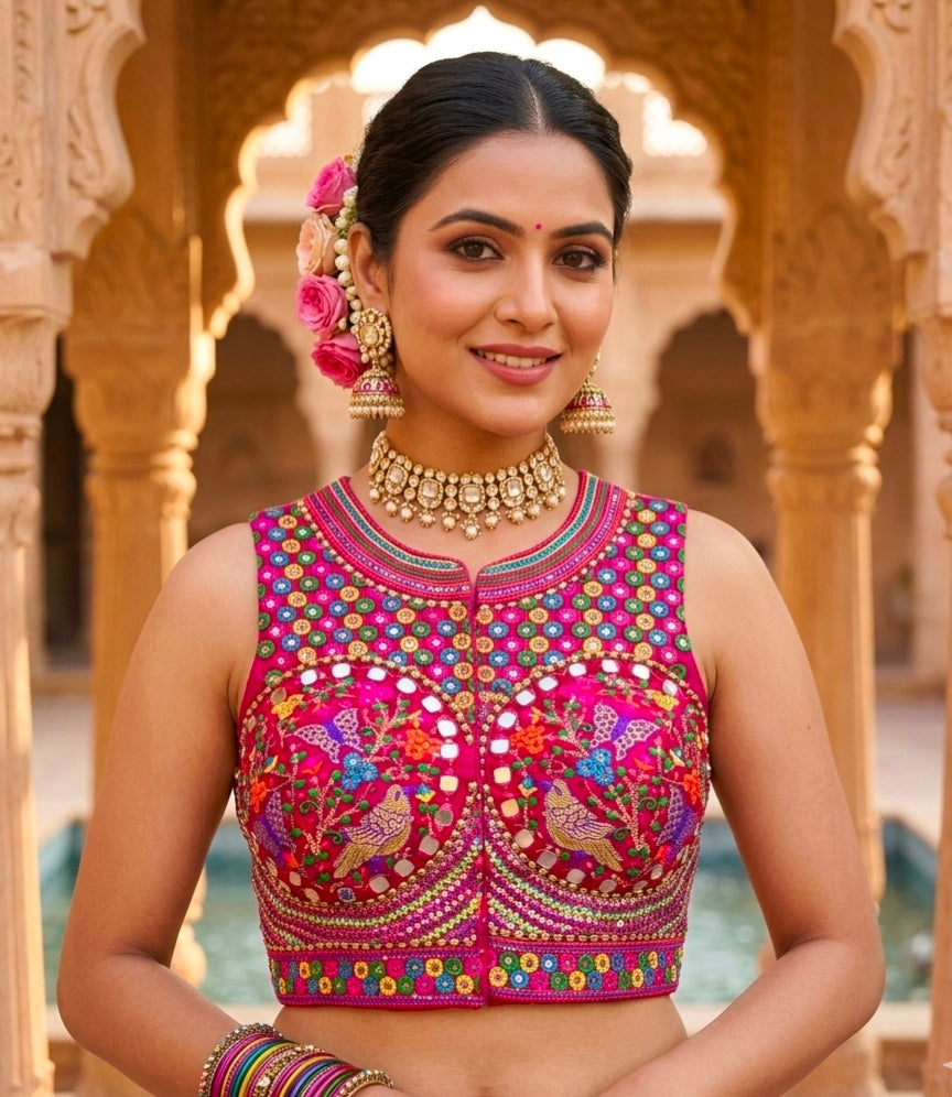 Rani Pure Heavy Italian Soft Silk Beads Thread Real Mirror Work Navratri Blouse