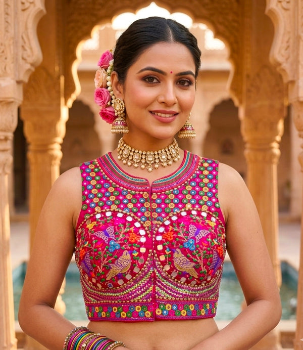 Rani Pure Heavy Italian Soft Silk Beads Thread Real Mirror Work Navratri Blouse