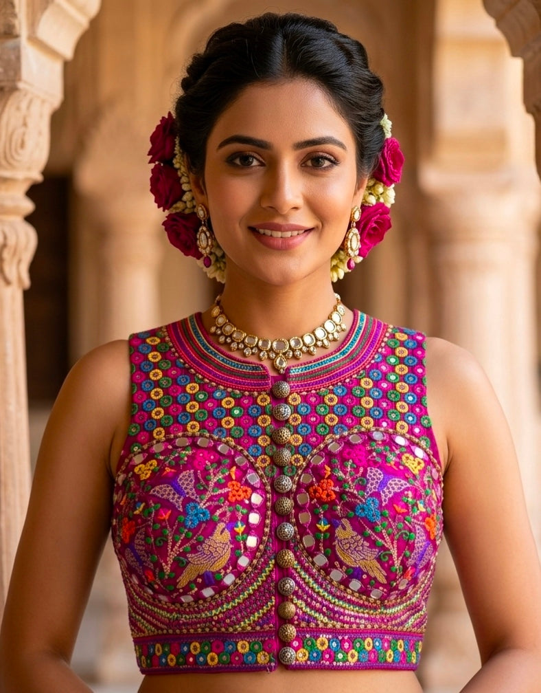 Magenta Pure Heavy Italian Soft Silk Beads Thread Real Mirror Work Navratri Blouse