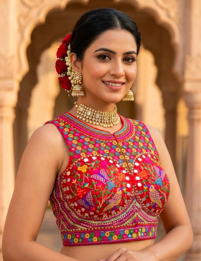 Red Pure Heavy Italian Soft Silk Beads Thread Real Mirror Work Navratri Blouse