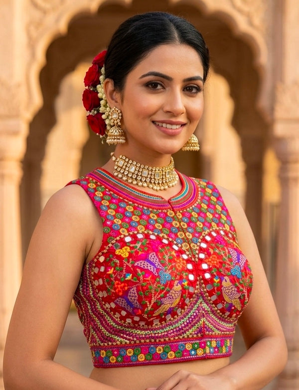 Red Pure Heavy Italian Soft Silk Beads Thread Real Mirror Work Navratri Blouse