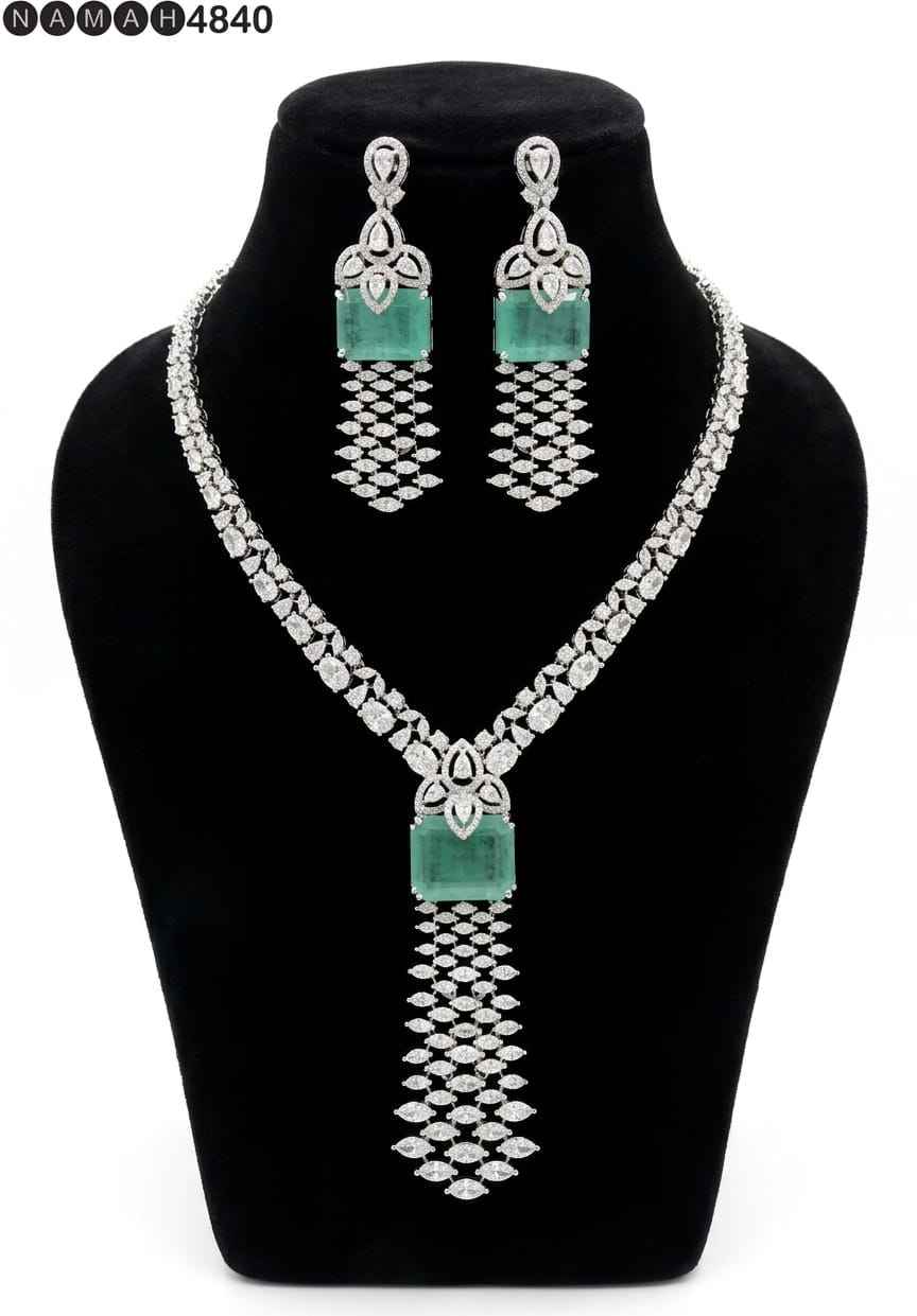 White Mint American Diamond Necklace Jewellery Set