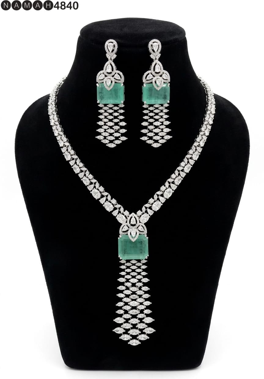 White Mint American Diamond Necklace Jewellery Set