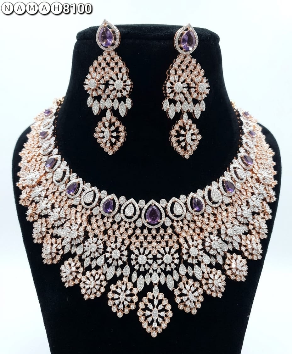 White Blue American Diamond Necklace Jewellery Set