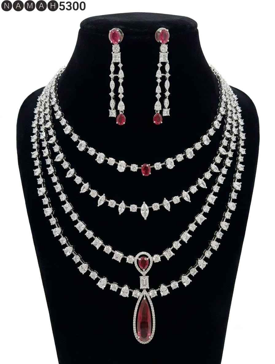 White Red American Diamond Necklace Jewellery Set