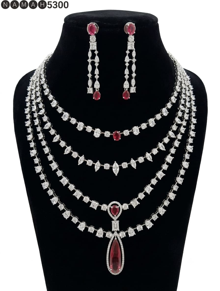 White Red American Diamond Necklace Jewellery Set