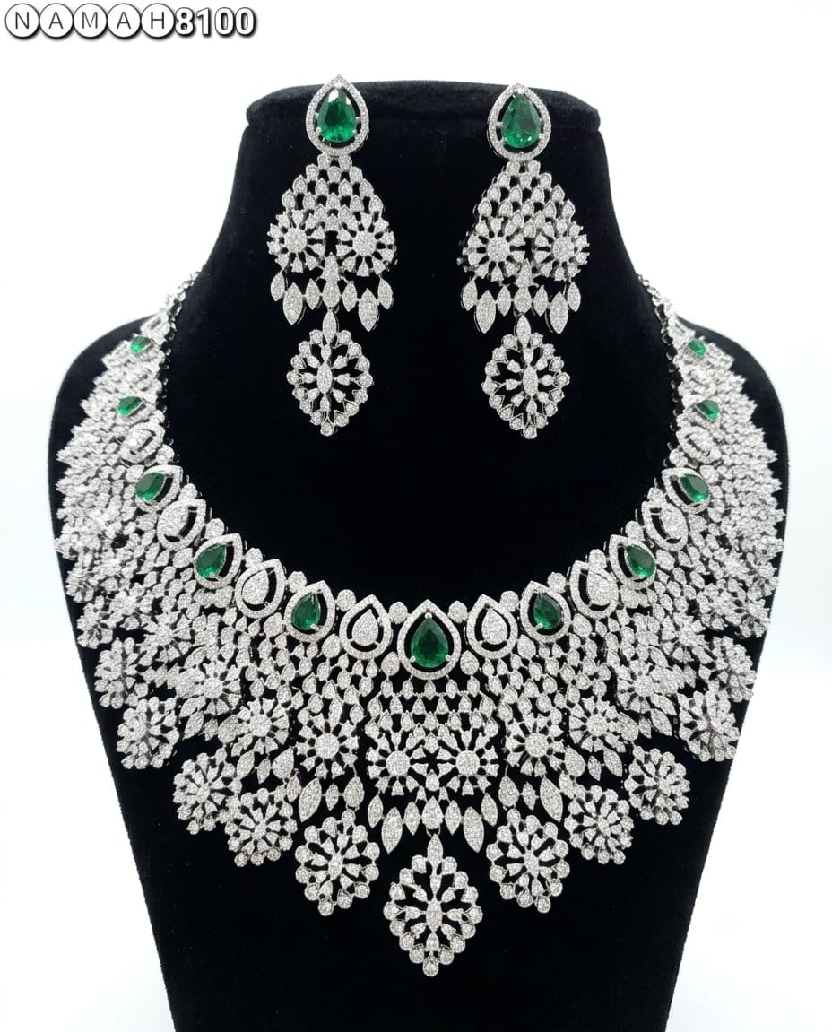 White Green American Diamond Necklace Jewellery Set