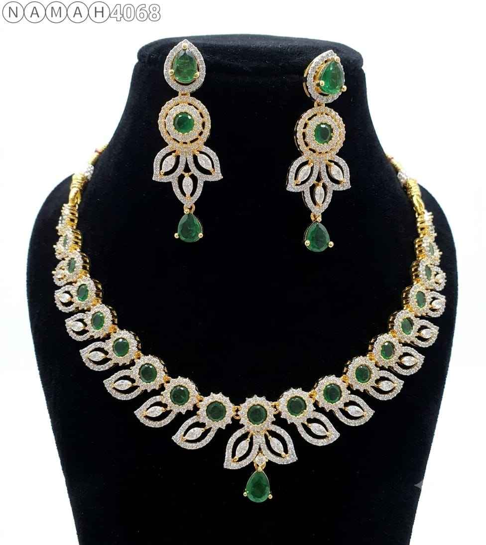 White Green American Diamond Necklace Jewellery Set