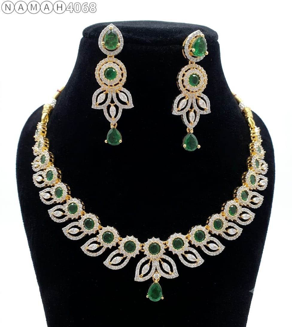 White Green American Diamond Necklace Jewellery Set