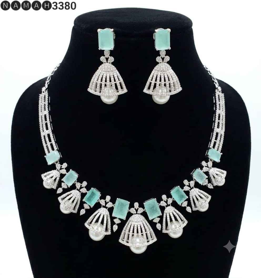 White Mint American Diamond Necklace Jewellery Set