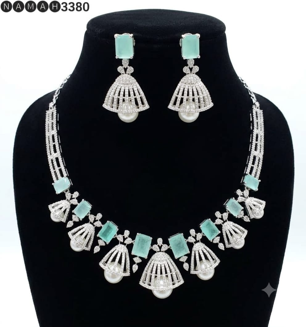 White Mint American Diamond Necklace Jewellery Set