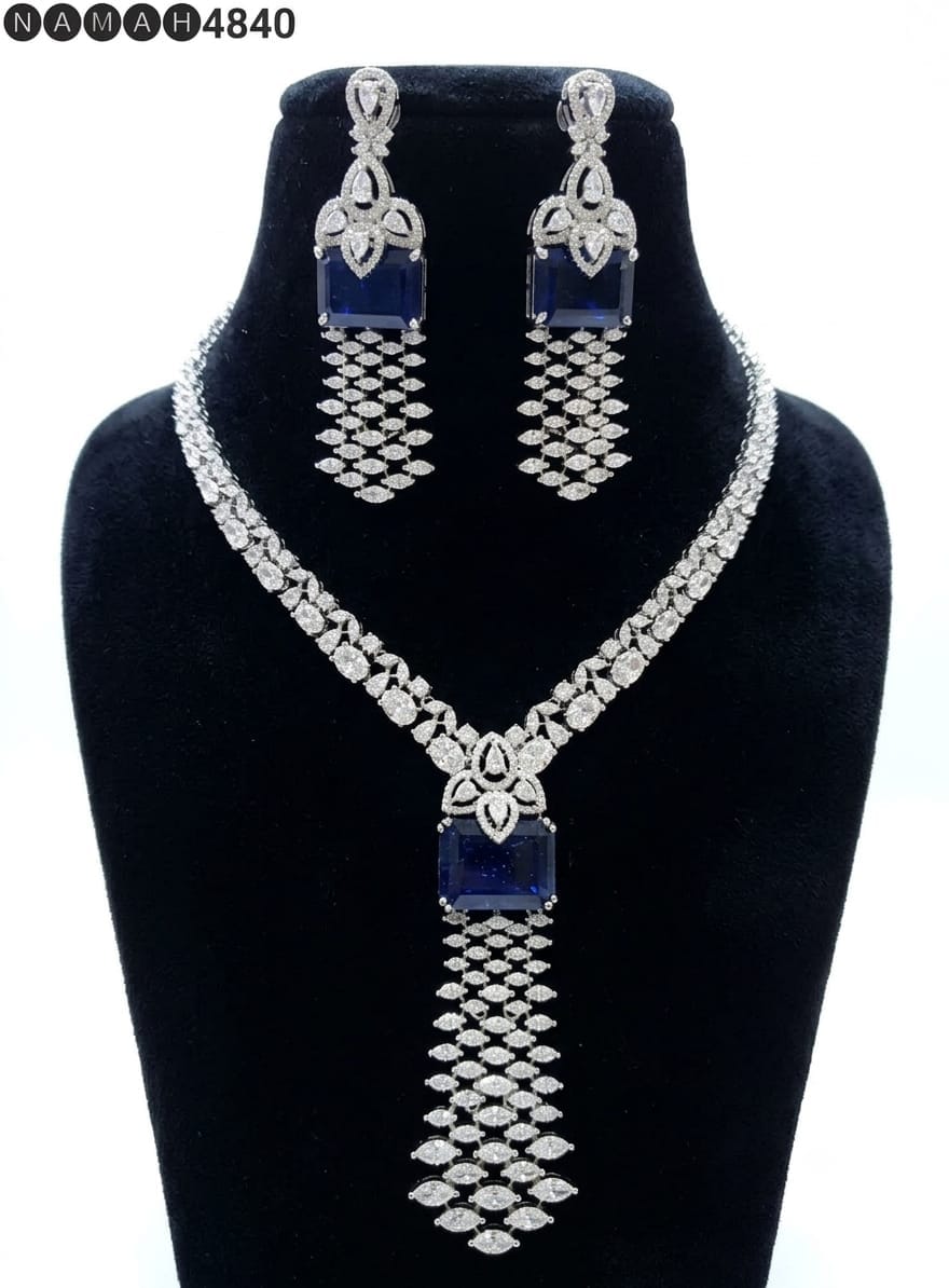 White Blue American Diamond Necklace Jewellery Set