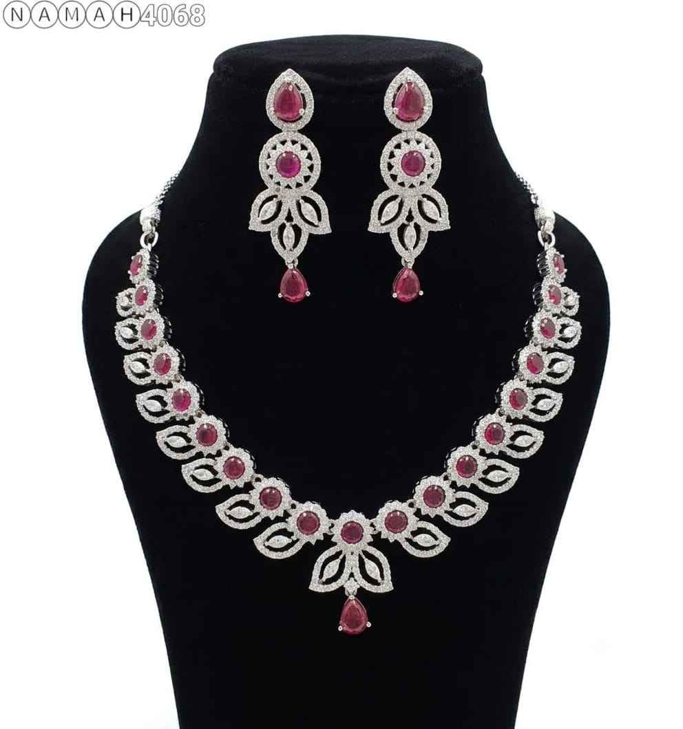 White Red American Diamond Necklace Jewellery Set