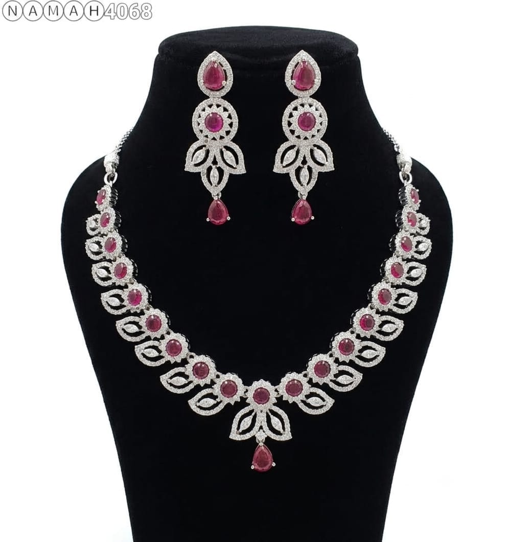 White Red American Diamond Necklace Jewellery Set