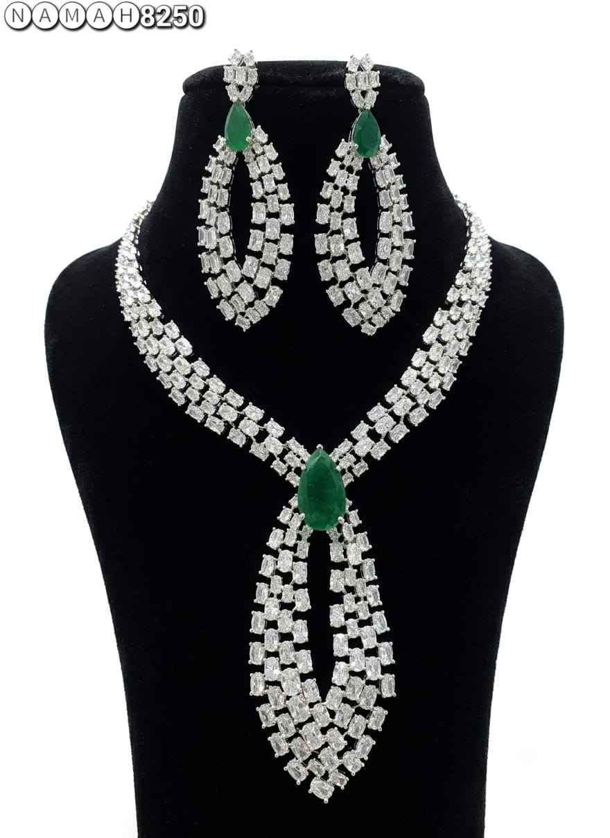 White Green American Diamond Necklace Jewellery Set