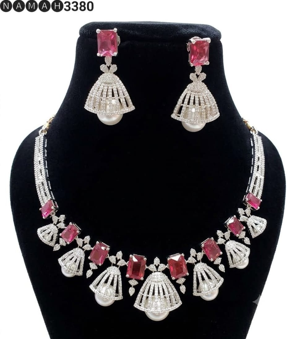 White Red American Diamond Necklace Jewellery Set