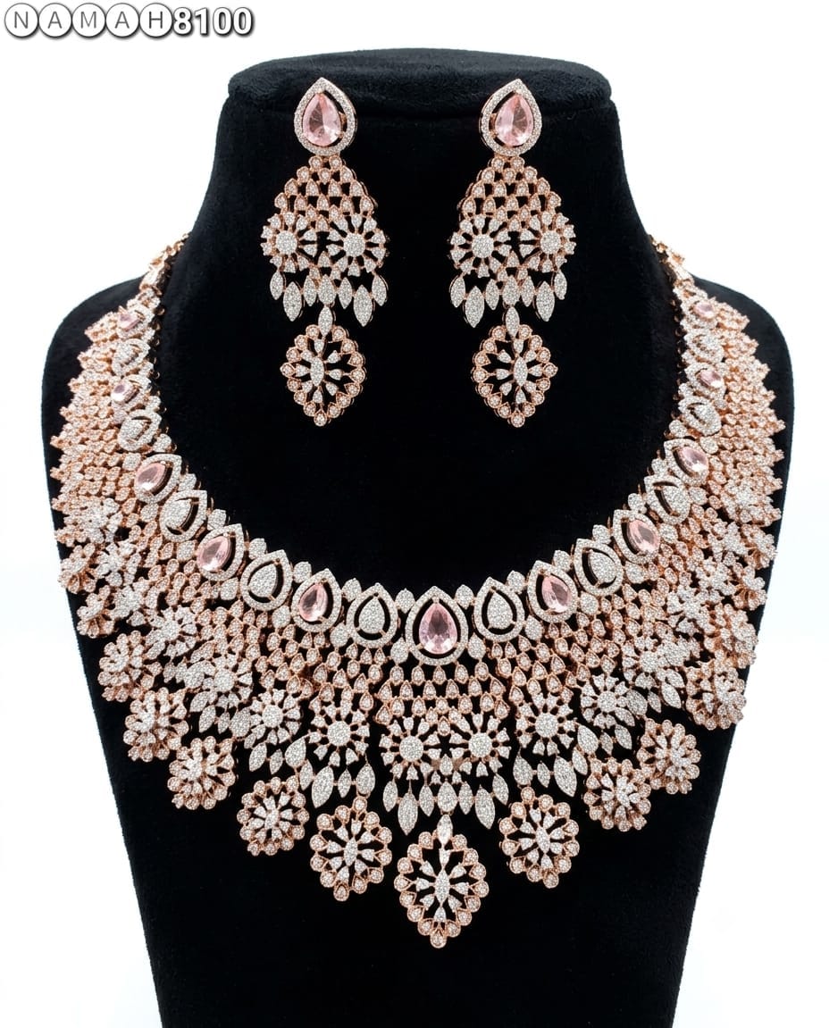 White Gold American Diamond Necklace Jewellery Set