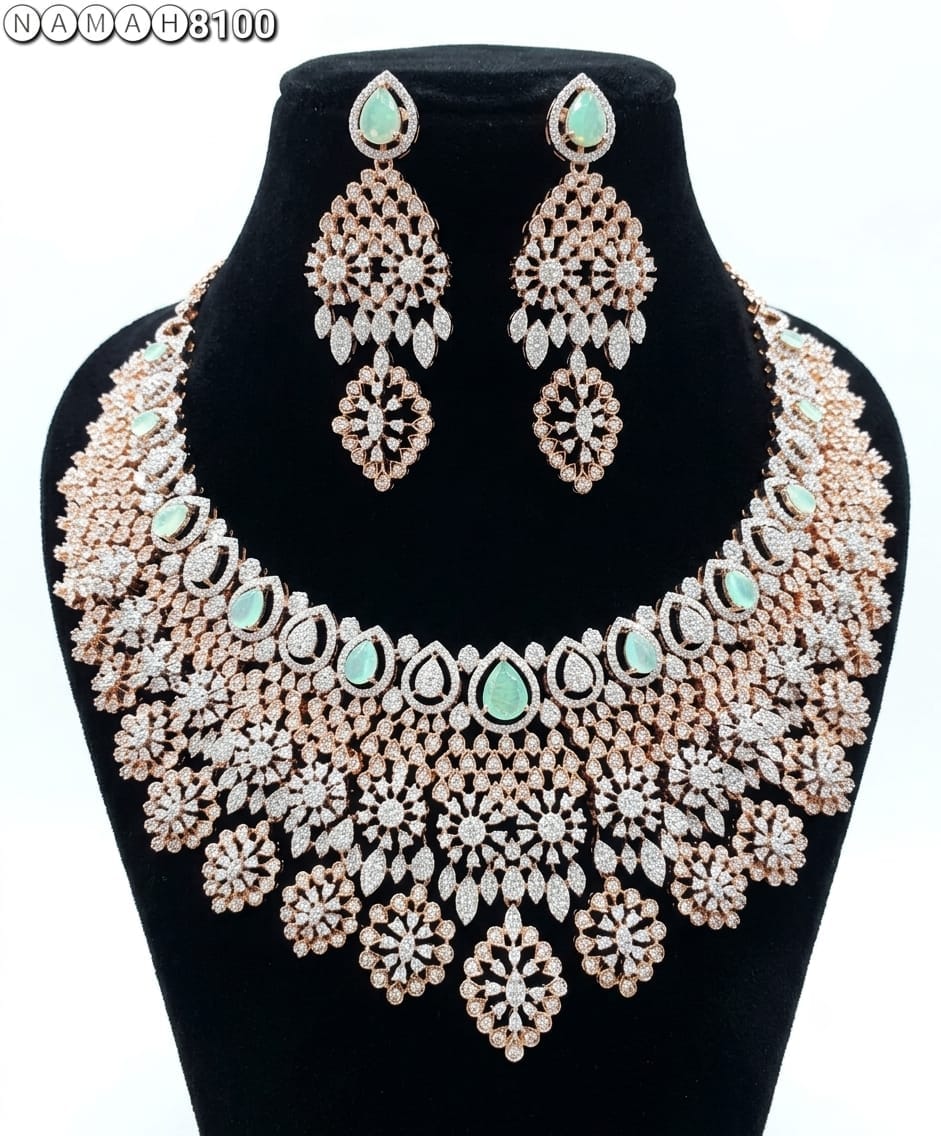 White Mint American Diamond Necklace Jewellery Set
