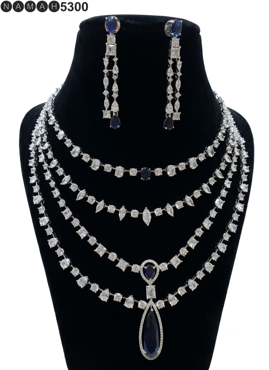 White Blue American Diamond Necklace Jewellery Set
