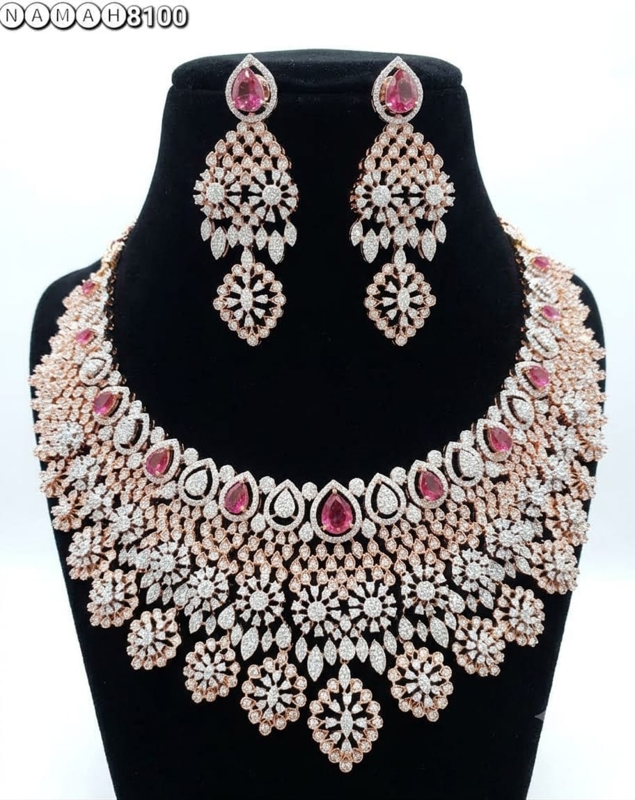 Pink American Diamond Necklace Jewellery Set