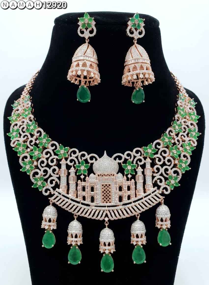 Green American Diamond Taj Mahal Design Necklace Jewellery Set