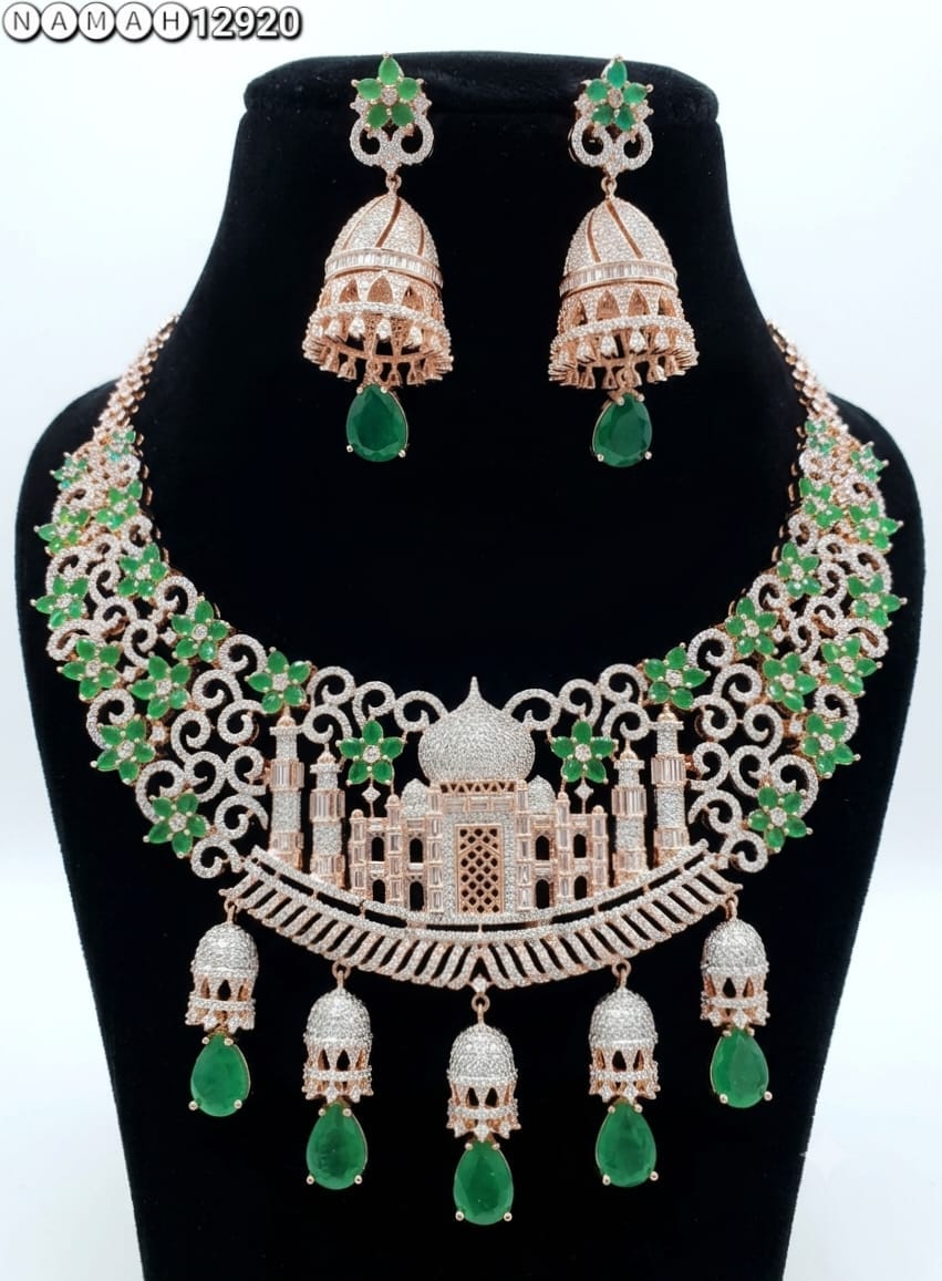 Green American Diamond Taj Mahal Design Necklace Jewellery Set