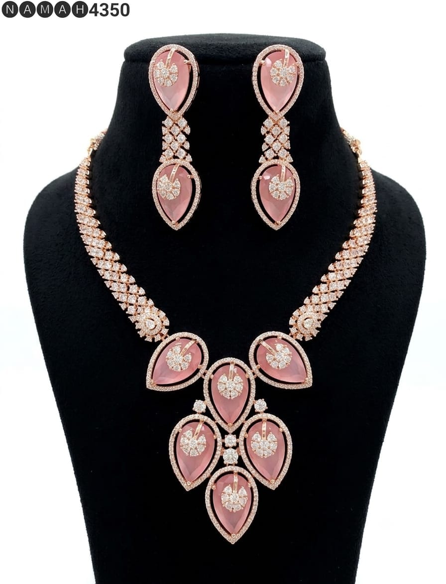 Pink American Diamond Necklace Jewellery Set
