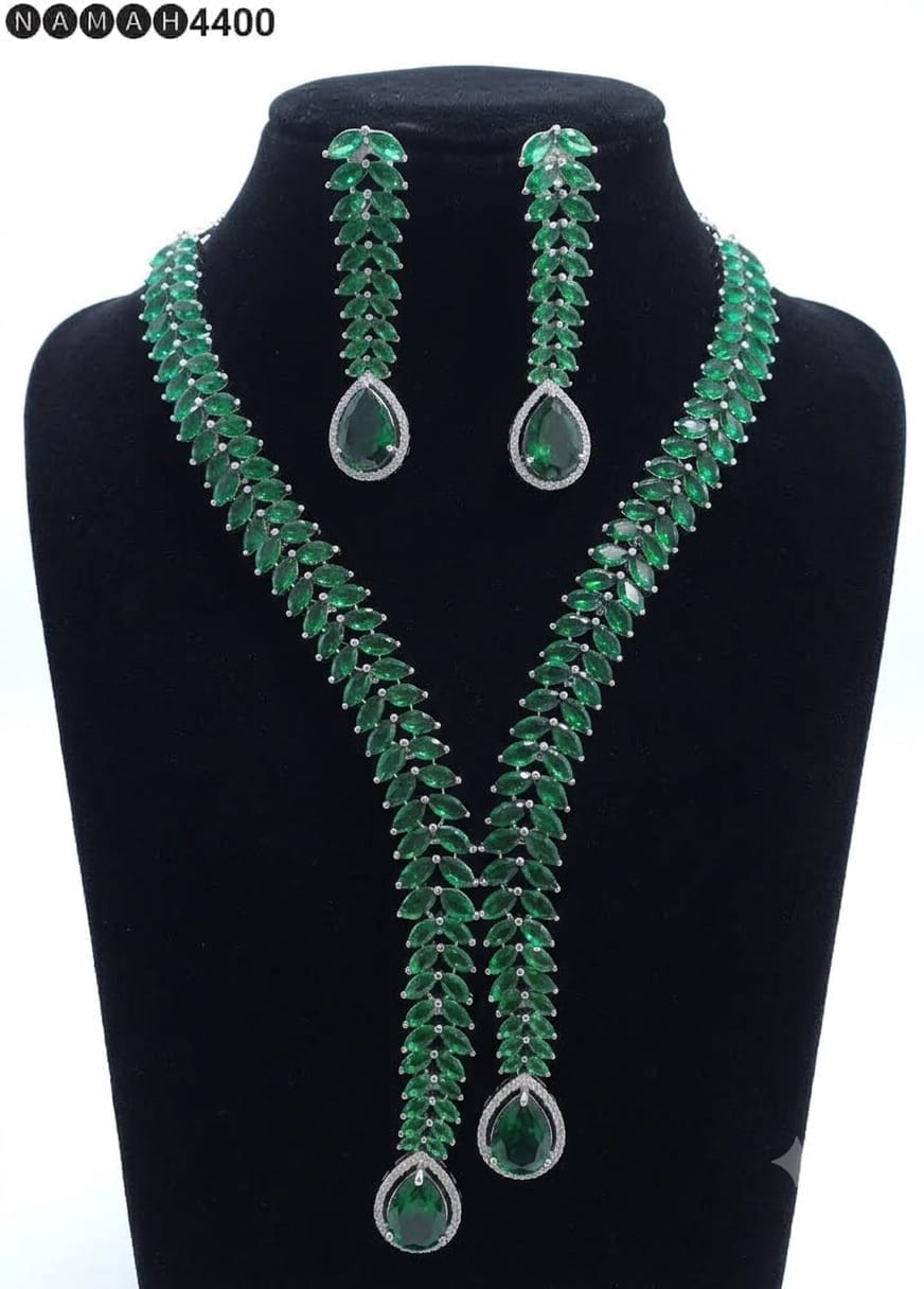 Green American Diamond Necklace Jewellery Set