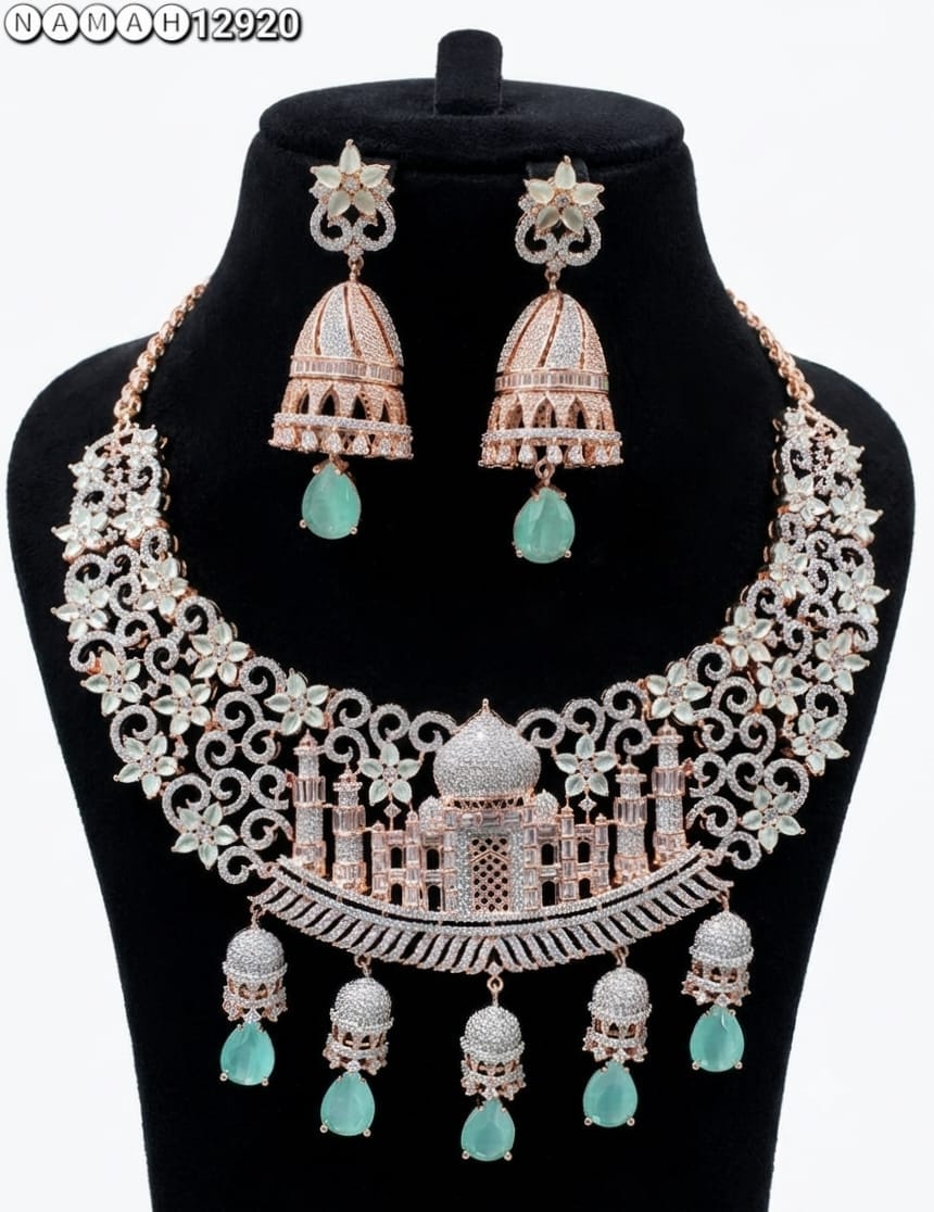 Mint American Diamond Taj Mahal Design Necklace Jewellery Set
