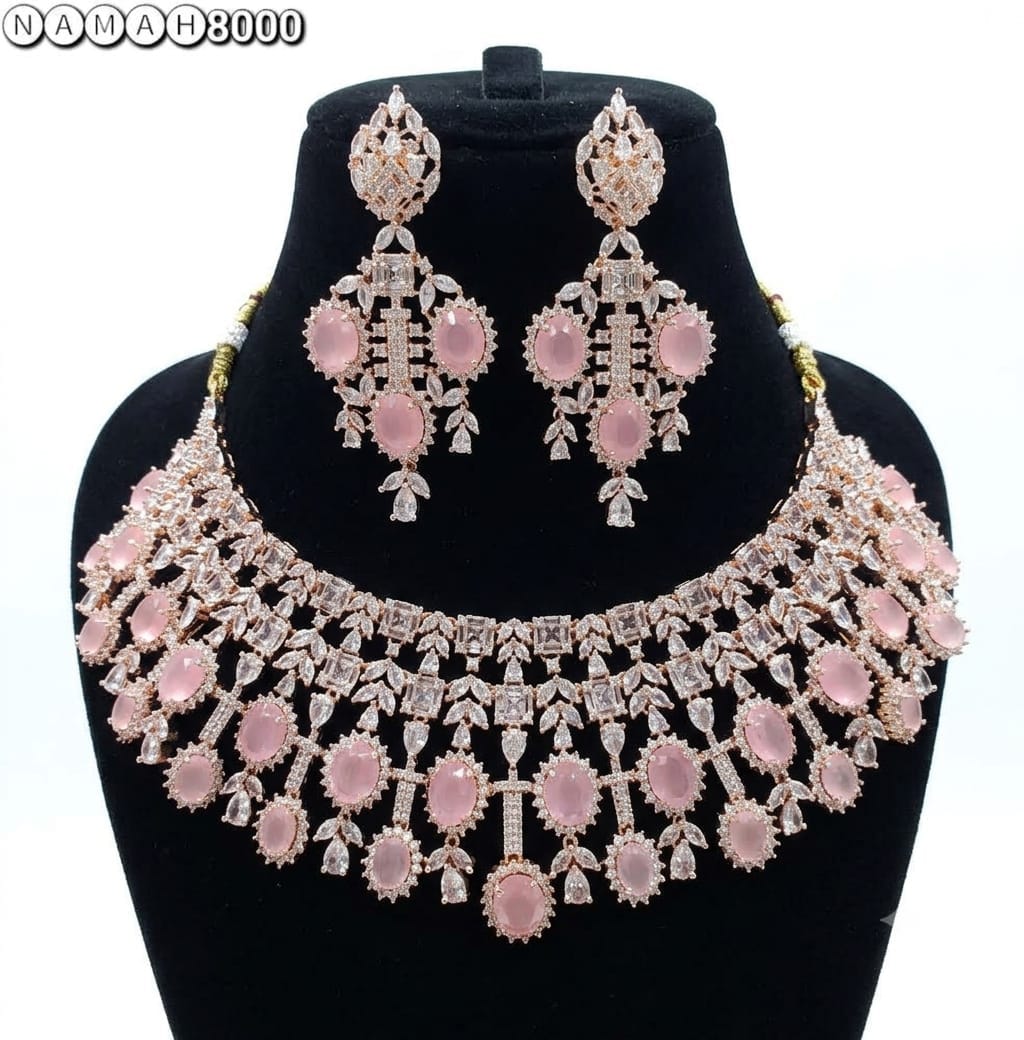 White Pink American Diamond Necklace Jewellery Set