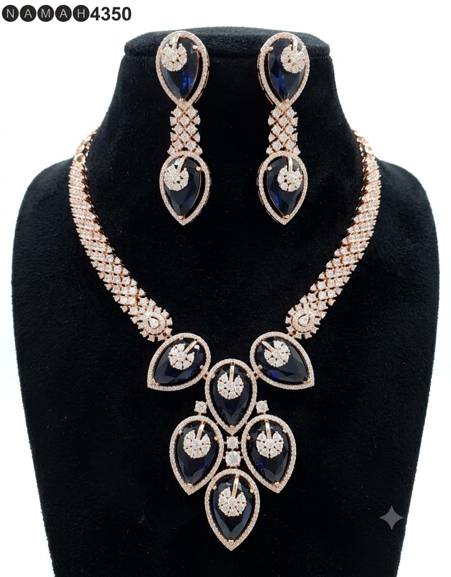 Navy American Diamond Necklace Jewellery Set