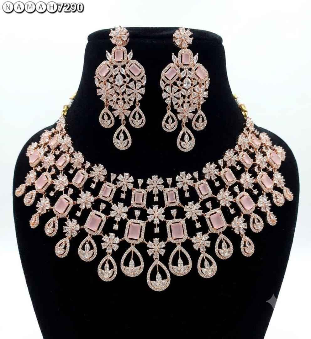 Pink Gold American Diamond Necklace Jewellery Set