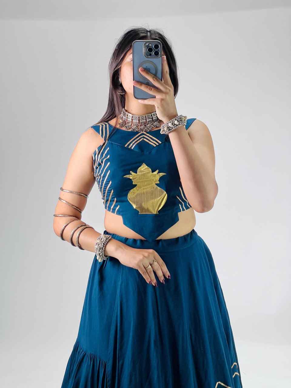 Teal Blue Pure Rayon Cotton Multi Coloured Frilled Kali With Gota Work Navratri Lehenga Choli