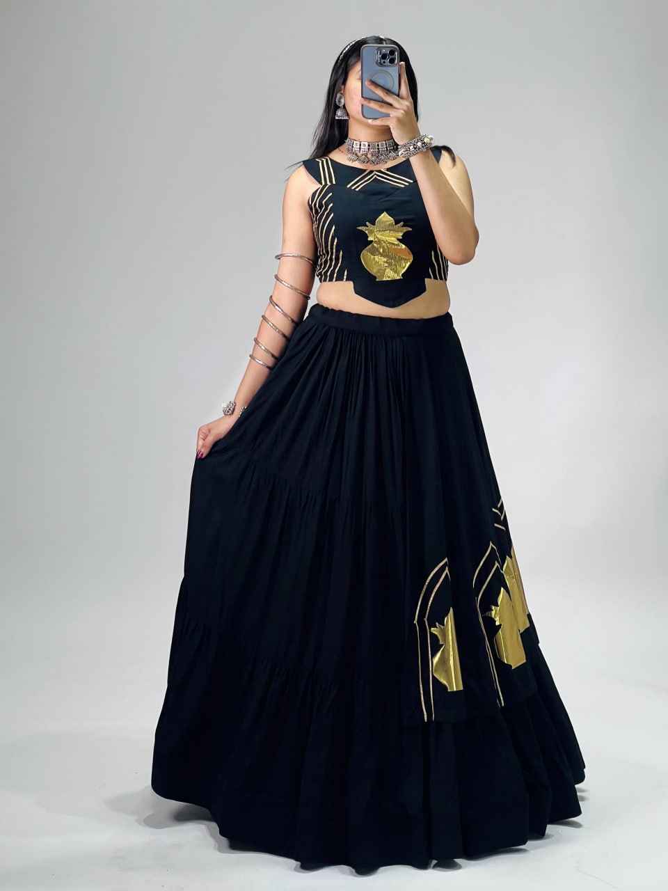 Black Pure Rayon Cotton Multi Coloured Frilled Kali With Gota Work Navratri Lehenga Choli