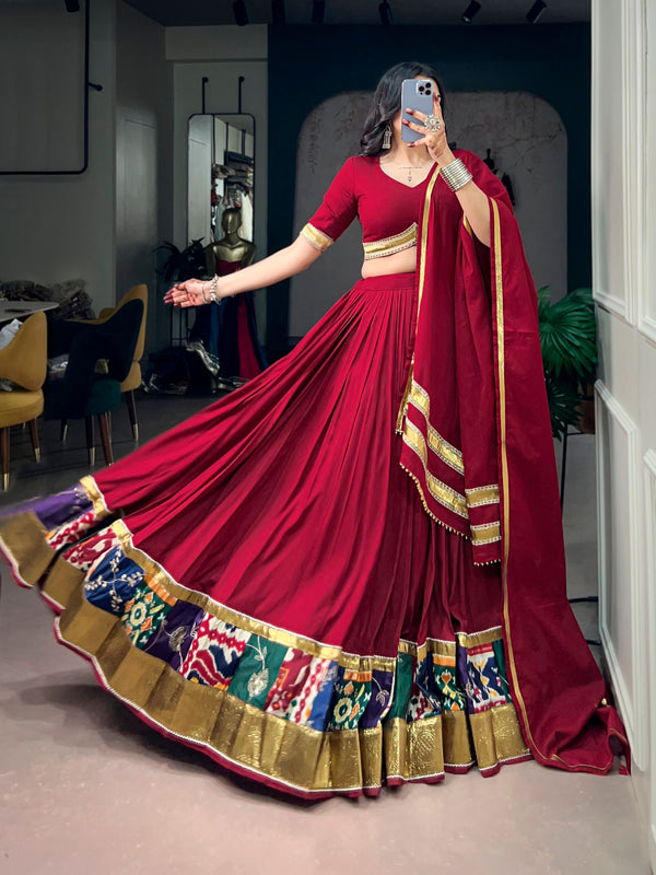 Multi Pure Reyon Cotton Printed Border with Embossed Work Navratri Lehenga Choli