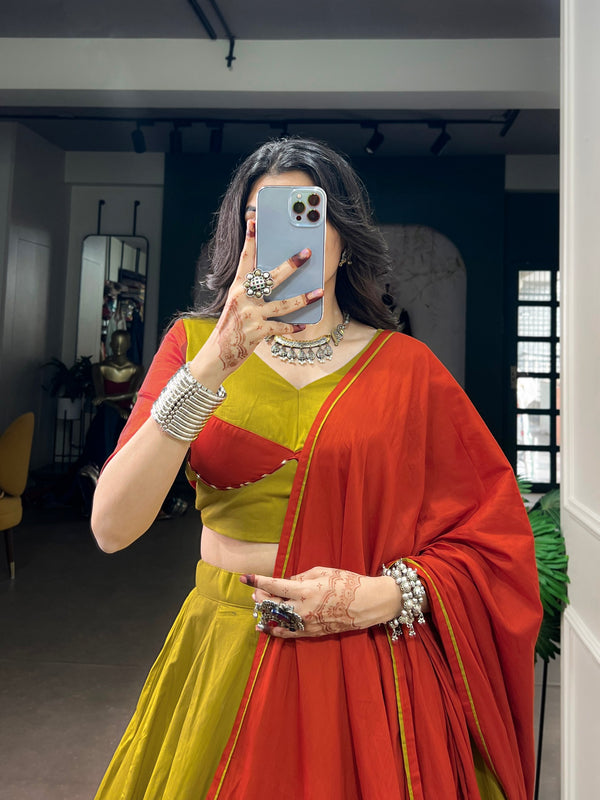 Olive Pure Reyon Cotton Printed 06 Mtr with Embossed Work Navratri Lehenga Choli