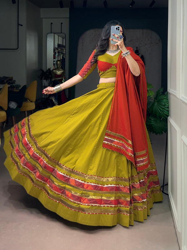 Olive Pure Reyon Cotton Printed 06 Mtr with Embossed Work Navratri Lehenga Choli