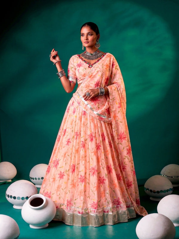 Peach Pure Tabby Silk Floral Print With Embossed Work Navratri Lehenga Choli