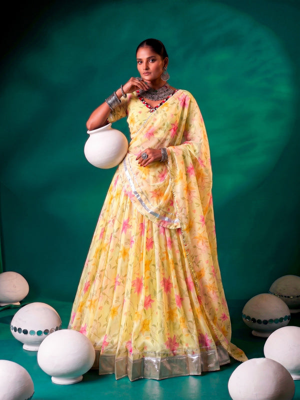 Yellow Pure Tabby Silk Floral Print With Embossed Work Navratri Lehenga Choli