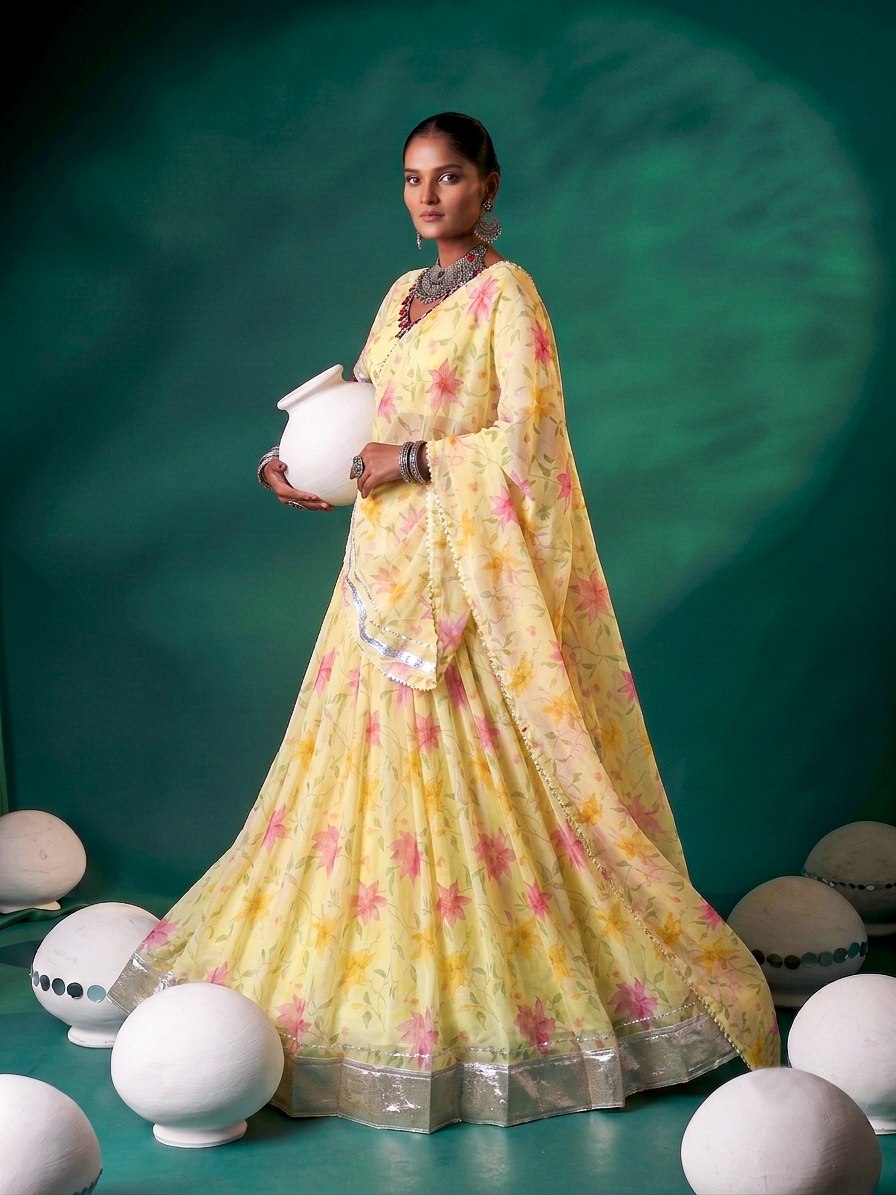 Yellow Pure Tabby Silk Floral Print With Embossed Work Navratri Lehenga Choli