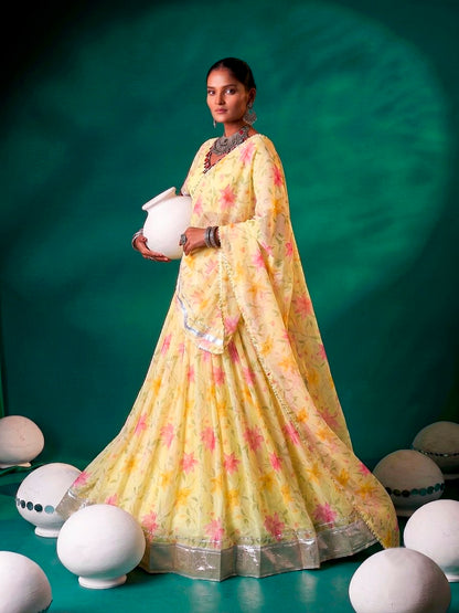 Yellow Pure Tabby Silk Floral Print With Embossed Work Navratri Lehenga Choli