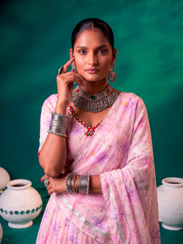 Pink Pure Tabby Silk Floral Print With Embossed Work Navratri Lehenga Choli