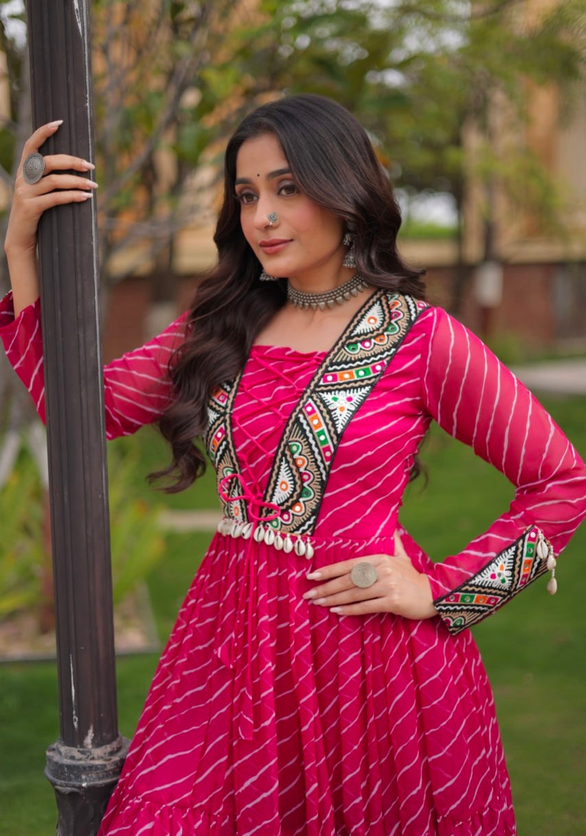 Pink Pure Georgette Lahariya Print with Kutchi Patchwork Anarkali Long Gown