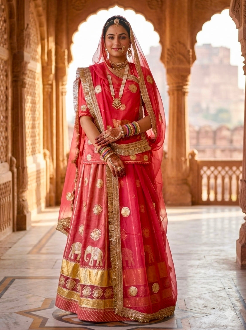 Rani Pure Gold Crush 05 Mtr Flair Lehariya Chunni Rajasthani Rajputi Lehenga Choli
