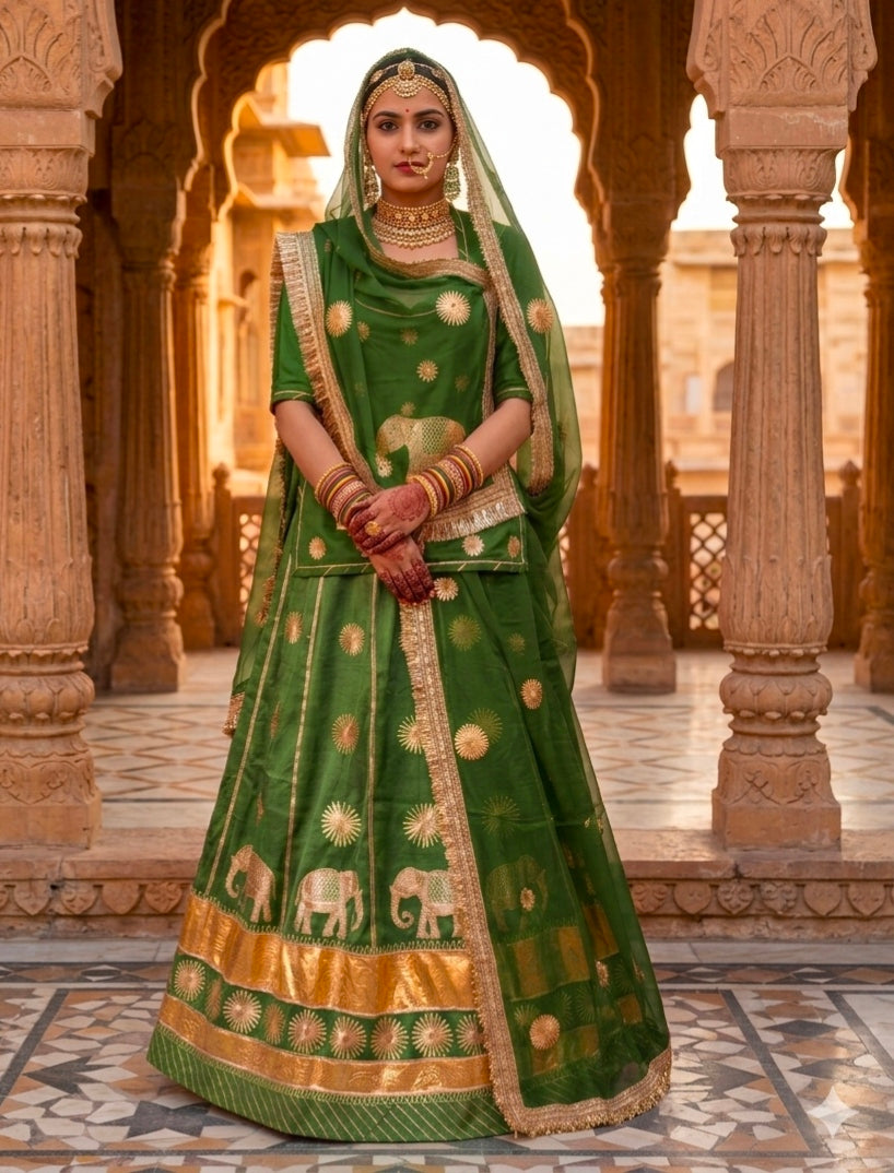 Mehandi Pure Gold Crush 05 Mtr Flair Lehariya Chunni Rajasthani Rajputi Lehenga Choli