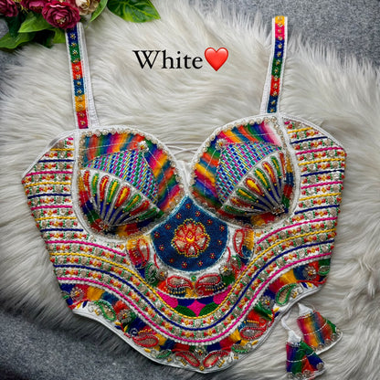 White Pure Heavy Italian Soft Silk Beads Thread Real Mirror Work Navratri Blouse