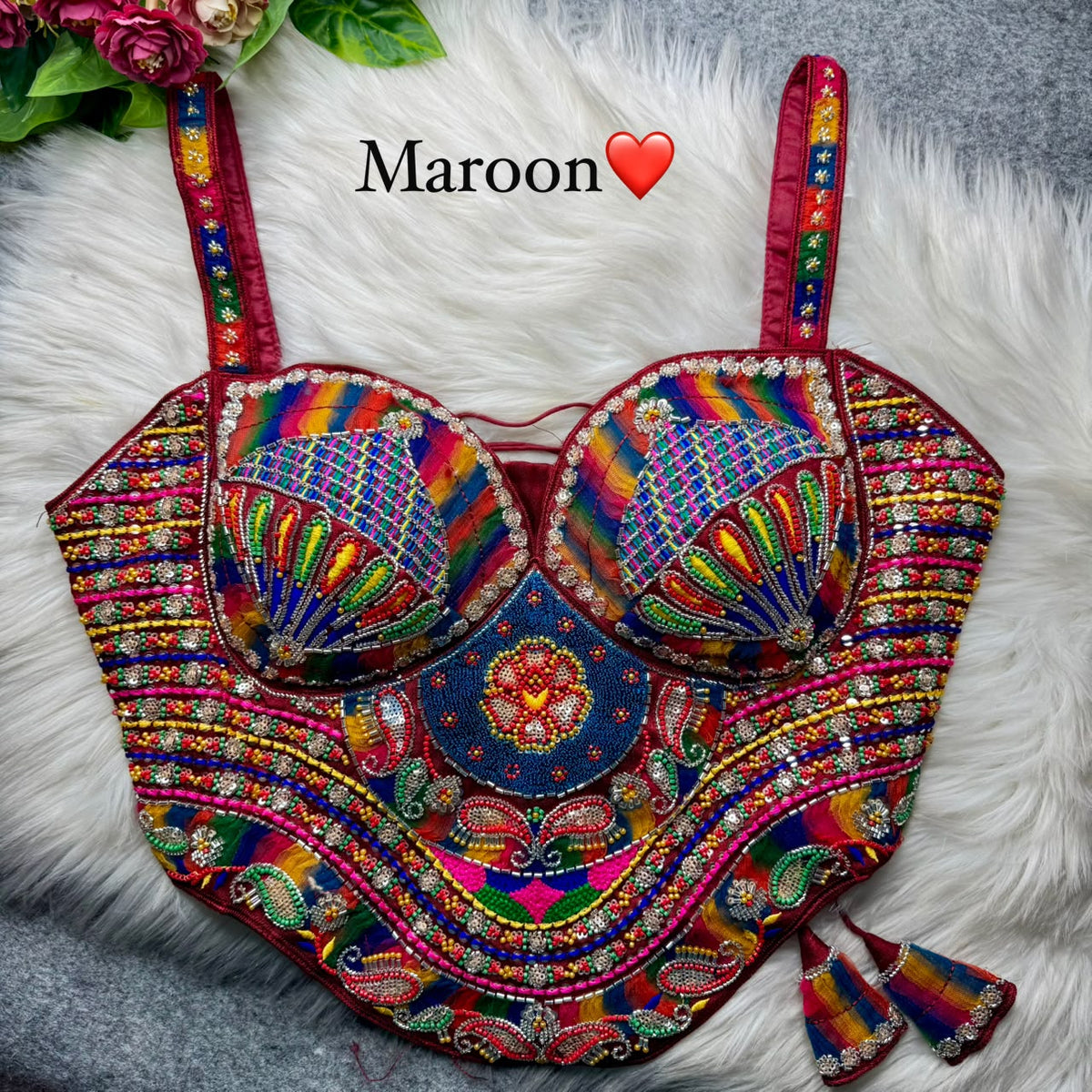Maroon Pure Heavy Italian Soft Silk Beads Thread Real Mirror Work Navratri Blouse