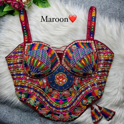 Maroon Pure Heavy Italian Soft Silk Beads Thread Real Mirror Work Navratri Blouse