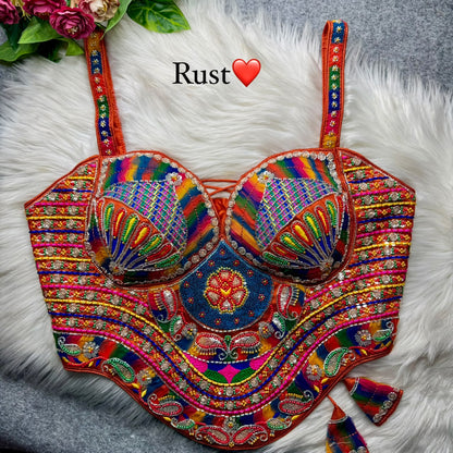Rust Pure Heavy Italian Soft Silk Beads Thread Real Mirror Work Navratri Blouse