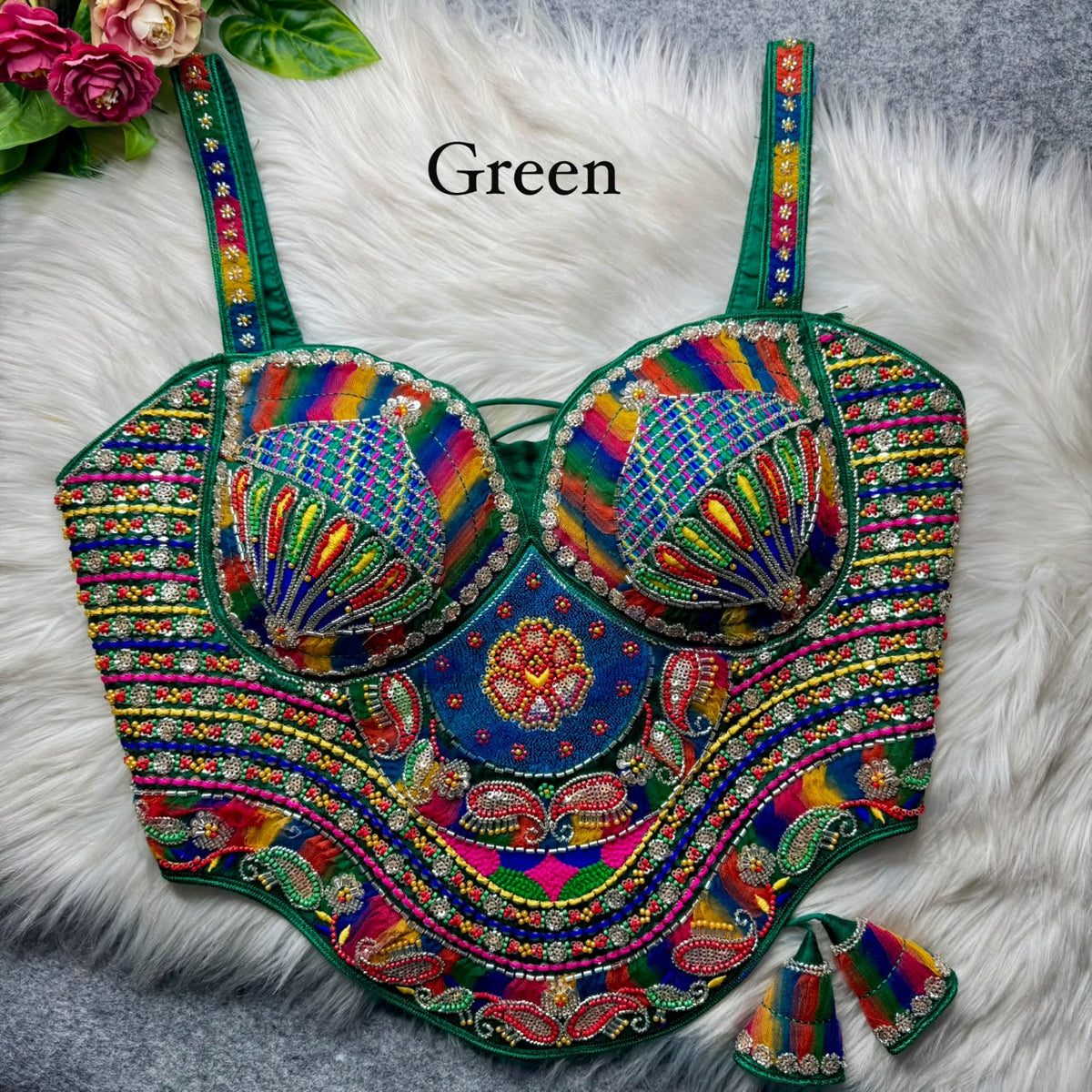 Green Pure Heavy Italian Soft Silk Beads Thread Real Mirror Work Navratri Blouse